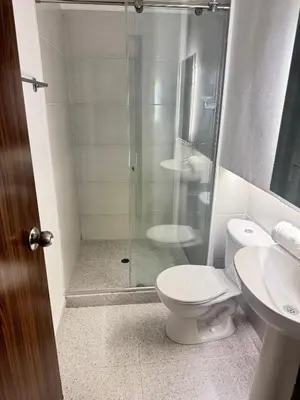 a bathroom with a shower and a toilet and a sink at Ayenda Isla de Manga in Cartagena de Indias