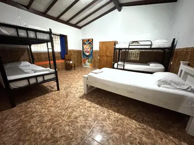 a room with two bunk beds in a room at Hostal Luna Llena Getsemaní in Cartagena de Indias