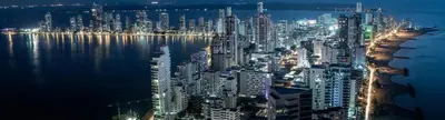 an aerial view of a city at night at MR1-1G APARTAMENTO BASICO CERCA AL MAR CON AIRE ACONDICIONADO Y WIFi PARA 4 PERSONAS in Cartagena de Indias