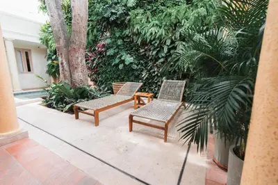 two chairs and a table in a courtyard with trees at Casa Jaguar Hotel Boutique in Cartagena de Indias