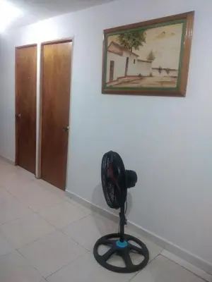 a fan in a room with a picture on the wall at Encantadora casa con ambiente guajiro 2 in Barranquilla