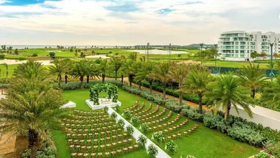 an overhead view of a wedding venue with a garden with white tables at Dreams Karibana Cartagena Golf & Spa Resort in Cartagena de Indias