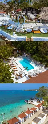 two pictures of a resort with a pool and the ocean at Bora Bora Beach Club Cartagena in Isla Grande