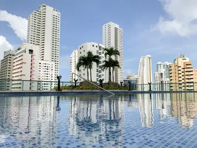a pool in a city with tall buildings at Oceanview Escape Pool, Jacuzzi & Gym in Bocagrande in Cartagena de Indias