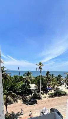a view of a beach with palm trees and the ocean at Espetacular vista mar y playa in Cartagena de Indias