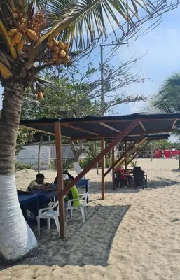 a table and chairs on a beach with a palm tree at Cabaña pescador de colores in Coveñas
