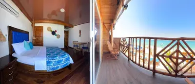 two pictures of a bedroom with a bed and a balcony at Cabaña Coral Azul in Playa Blanca