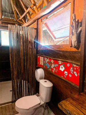 a bathroom with a toilet and a painting on the wall at Kite Eco House Salinas del rey in Salina de Rey
