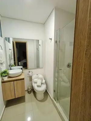 a bathroom with a toilet and a sink and a shower at New Apartments with great Sunsets near historic center and beach in Cartagena de Indias