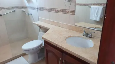 a bathroom with a sink and a toilet and a shower at Apartamento en el Sector El Laguito in Cartagena de Indias