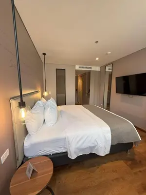 a bedroom with a large white bed and a television at Hotel Sites Barranquilla in Barranquilla