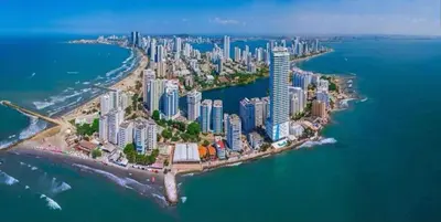 an island in the ocean with a city at Apartamento El Laguito Cartagena in Cartagena de Indias