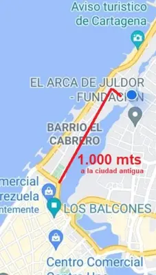 a map of a city with a red line at P23 Brand New high floor, few blocks to walled city steps to beach in Cartagena de Indias