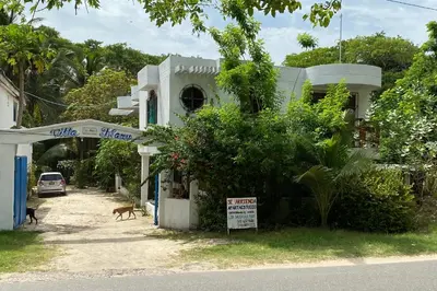 a building with a dog walking in front of it at Hotel Villa Mary Apartaestudios playa in Puerto Colombia