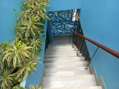 a staircase leading up to a blue wall with plants at Avadia del Mar in Cartagena de Indias