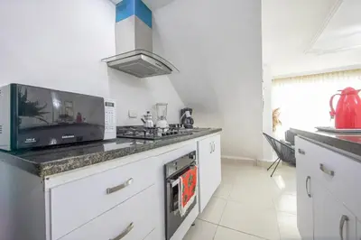 a kitchen with a stove and a counter top at Apartamento en Casa Dandy in Cartagena de Indias