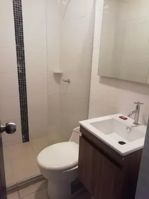 a bathroom with a toilet and a sink and a shower at Apto amoblado barrio Los Alpes Cartagena in Cartagena de Indias