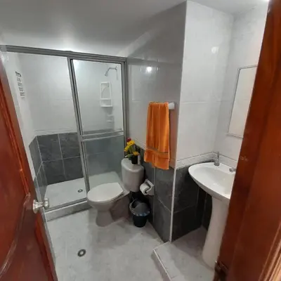 a bathroom with a shower and a toilet and a sink at Acogedor Apartamento Cartagena in Cartagena de Indias