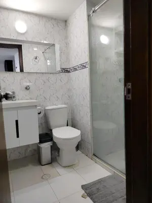 a bathroom with a toilet and a glass shower at Cartagena ApartaSuite El Laguito in Cartagena de Indias