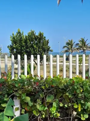 a white fence next to a beach with palm trees at Condominio en la Playa de Crespo in Cartagena de Indias