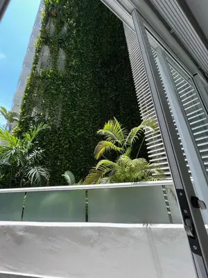 a window of a building with a green hedge at Cerca al Hotel Americas Ctgna Spiaggia Morros Piscina playa in Cartagena de Indias