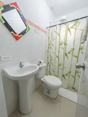 a bathroom with a toilet and a sink and a mirror at 2CB-4 APARTAMENTO DE 2 ALCOBAS EN EL CENTRO HISTORICO CON AIRE ACONDICIONADO Y WIFI in Cartagena de Indias