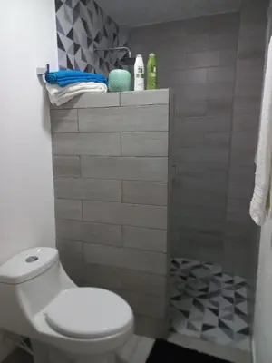 a bathroom with a white toilet and a shower at CABAÑA EN ISLA FRENTE A CARTAGENA in Cartagena de Indias