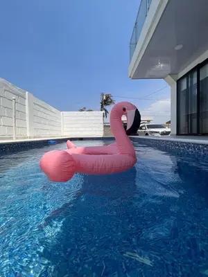 a pink swan float in a swimming pool at Casita Madrigal in Santa Veronica