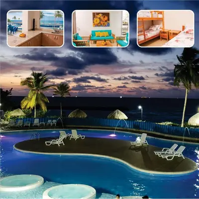a collage of photos of a resort with a swimming pool at Magico Apartamento Frente al Mar 3 Habitaciones PAZ224 in Coveñitas