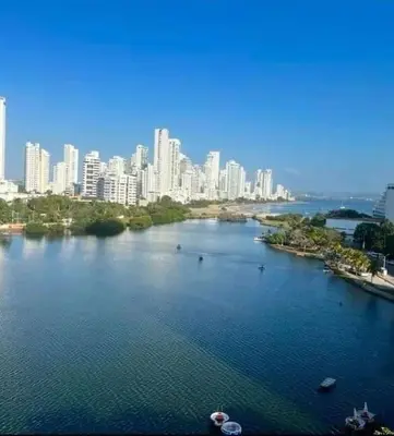 a large body of water with a city in the background at Apartamento torres del lago 1102 in Cartagena de Indias