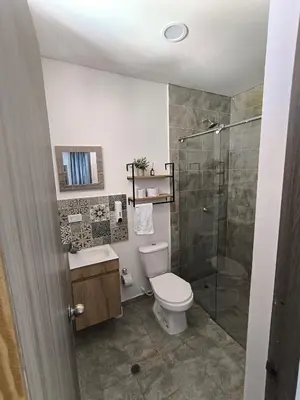 a bathroom with a toilet and a shower at Cabaña Milagro Bonito in Santa Marta