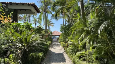 a path through a garden with palm trees at Apartamento con salida a la playa in Santa Marta