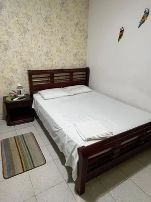a bedroom with a bed and a side table at Hospedaje Casa Pachi en Cartagena de Indias in Cartagena de Indias