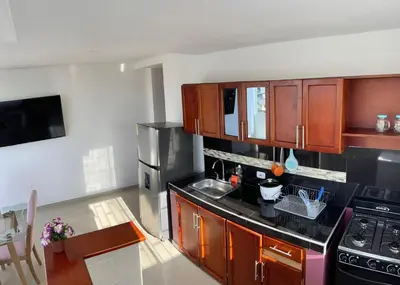 a kitchen with wooden cabinets and black counter tops at Apartamento 201 in Cartagena de Indias