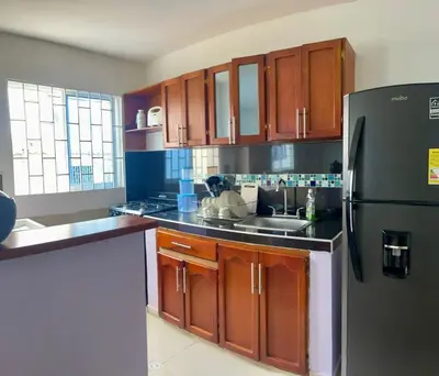 a kitchen with wooden cabinets and a stainless steel refrigerator at Apartamento 204 in Cartagena de Indias