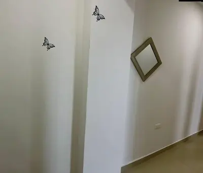 two butterflies on a white wall with a mirror at Apartamento 401 in Cartagena de Indias