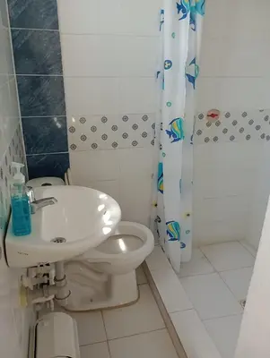 a bathroom with a sink and a toilet and a shower at Sol y Mar in Isla Fuerte