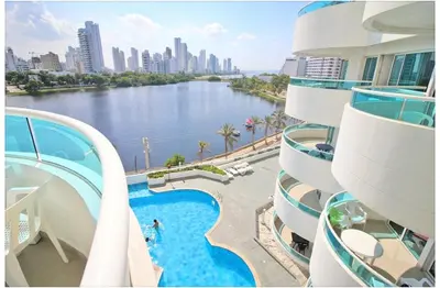 a view of a body of water from a building at torres del lago apartamento in Cartagena de Indias