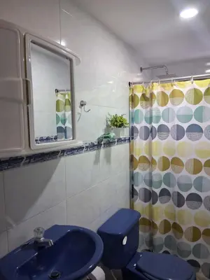 a bathroom with a blue toilet and a shower at Apartamento turistico Mariangel in Cartagena de Indias