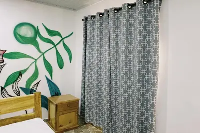 a bedroom with a shower curtain with a plant on the wall at Ecohotel La Reserva in Piojó