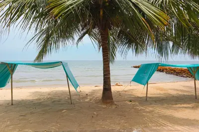 two tents on the beach under a palm tree at Magico Apartamento Frente al Mar 3 Habitaciones TR21 in Coveñas