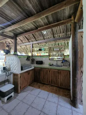 a kitchen with wooden cabinets and a counter top at Cabana Ferrer in Notecebes