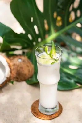 a glass of drink with a green plant in the background at Hotel Agua Baru by Mustique in Baru