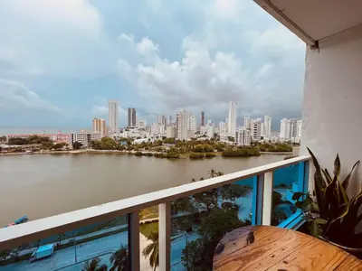 a view of a city from a balcony at Cartagena apto estudio piso 12 frente a la playa in Cartagena de Indias