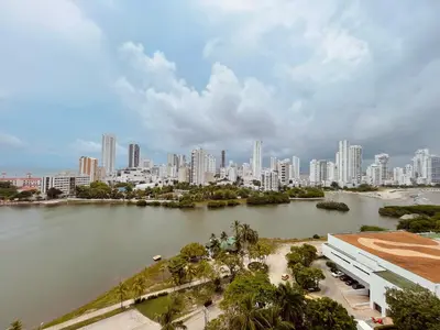 a view of a city with a river and buildings at Cartagena apto estudio piso 12 frente a la playa in Cartagena de Indias